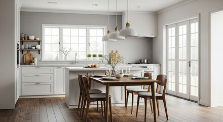 Modern kitchen interior with a dining table and elegant decor in a bright setting
