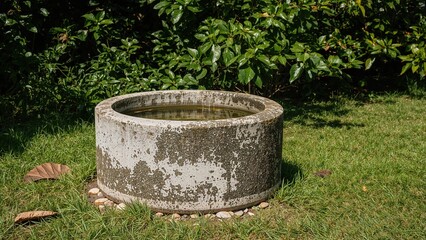 Sunny afternoon in the yard with a rainwater collection jug made of cement