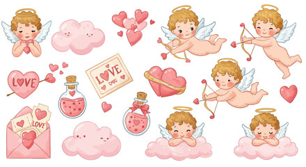 Obraz premium Cute cupids and love elements in pastel watercolor for valentines day