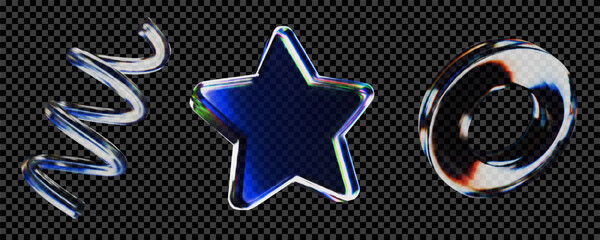 3D glass star icon with refraction and holographic effect isolated on dark background. Neon transparent glass star with overlay dispersion light, rainbow gradient. 3d vector morphism.