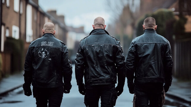 Group of criminals, skinheads, racists in black leather jackets