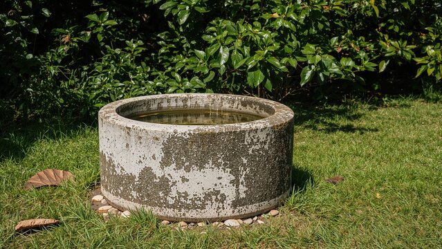 Sunny afternoon in the yard with a rainwater collection jug made of cement