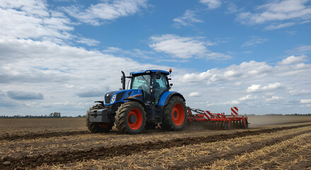 Obraz premium Blue Tractor Plowing Field Under Cloudy Sky high quality