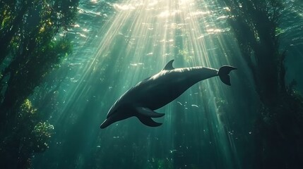 Fototapeta premium Elegant dolphin under ocean spotlight of sunlight high resolution picture