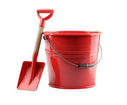 Bright red bucket and shovel resting together for summer fun activities on transparent background