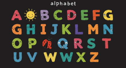 Colorful chalk style alphabet with cute faces on dark background © vita_olivko