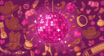 Retro disco party background with pink mirror ball and country music e
