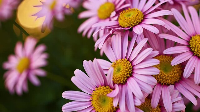 high resolution 4K close up pink daisies golden centers standing out sharp focus enhanced warm bokeh background that brings natural elegance vibrant botanical detail to any floral themed