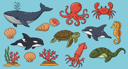 Colorful marine animals cartoon set with whale, octopus, turtle, and m