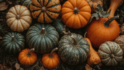 Festive fall arrangement with vivid pumpkins and squash