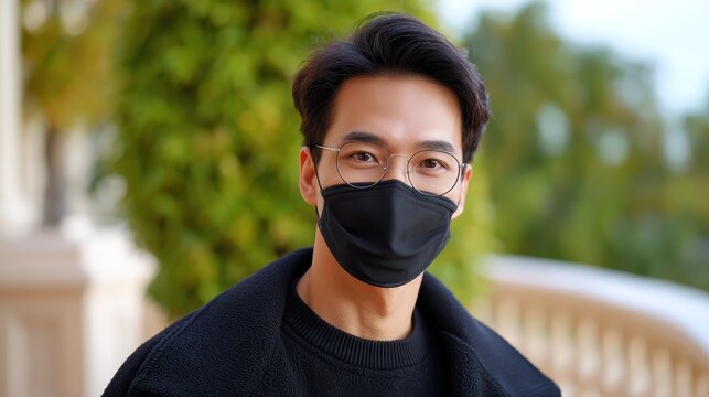 A young man wearing glasses and a black face mask stands outdoors with blurred greenery in the background. - Powered by Adobe
