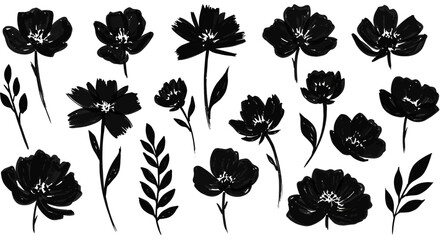 Elegant floral designs in black ink on white background for modern dec