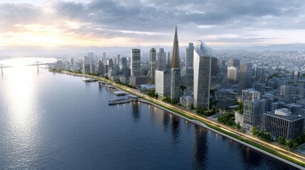 Fototapeta premium Modern city skyline with tall skyscrapers along a waterfront at sunset, reflecting on calm water under a cloudy sky.