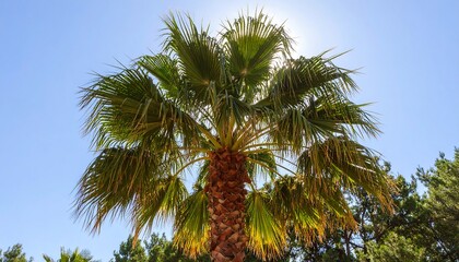 Palm tree crown against a vibrant blue sky