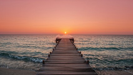 Fototapeta premium Dawn breaking above a wooden path through the wilderness