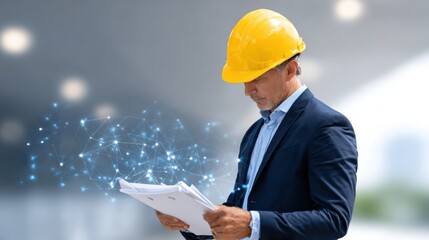 A man in a suit and yellow hard hat examines documents, with a digital network graphic overlay symbolizing technology and innovation in construction or engineering.