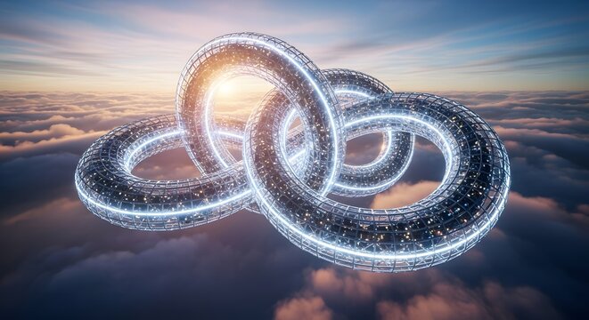 Intertwined Torus Structures Floating Above Cloudscape at Sunset, Futuristic Architecture