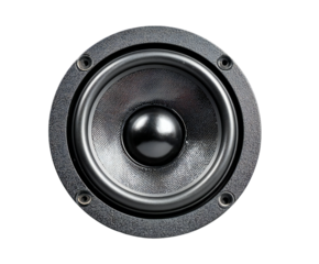 Close-up studio shot of a single black audio speaker showcasing its texture and details on transparent background