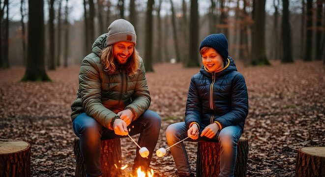 A smiling father and son sharing a special moment, roasting marshmallows over a campfire in a beautiful autumn forest. - Powered by Adobe