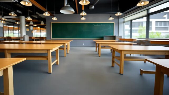 Exploring a modern classroom environment with wooden tables and natural lighting in a vibrant educational space