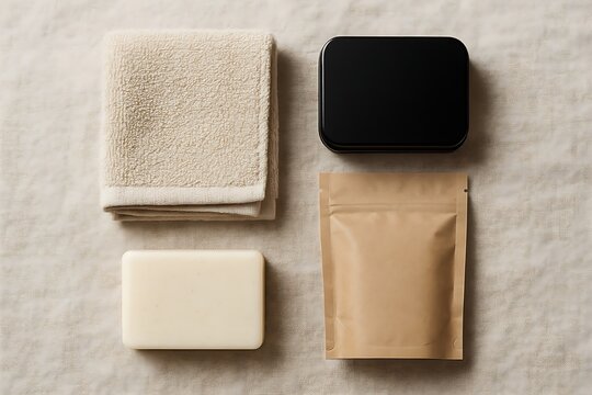 A minimalist flat lay arrangement of spa and selfcare items including a folded towel soap bar sealed packet and