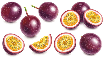 Passion fruit collection on white background featuring whole and halve