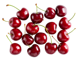 Organic Burgundy Bing Cherries with Stems, Top View, isolated on a transparent background.