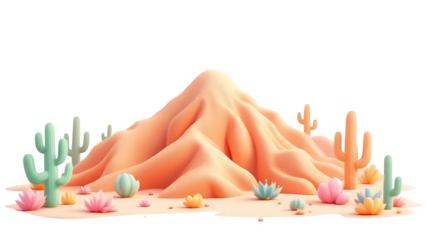 Desert Landscape with Cacti and Flowers 3d style, isolated on white background