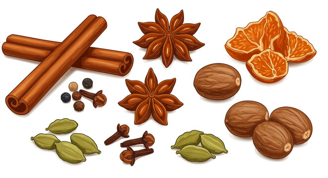 Spices and citrus: illustrated cinnamon, star anise, orange slices, nu