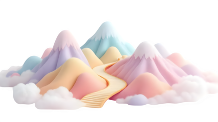 Pastel mountain range with golden path 3d style, isolated on white background