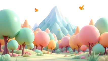 Pastel landscape with birds, isolated on white background