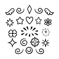 Collection of black hand drawn doodle icons including stars hearts wings and swirls vector