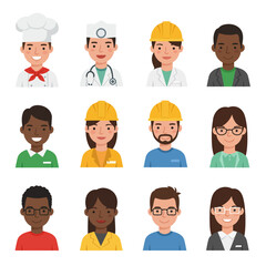 Diverse group of cartoon people representing various professions, including a chef, doctor, engineer, and business professionals, depicted as headshots on a white background.