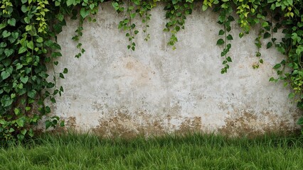 Background featuring stone wall adorned with climbing greenery and grass