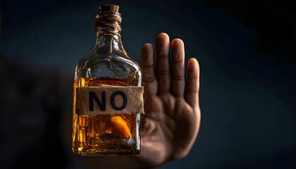 refuses say no and avoid to drink an alcohol, hand show reject and stopping, alcoholism treatment, alcohol addiction, quit booze, Stop Drinking Alcohol