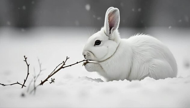 Arctic hare eating twigs and bark
