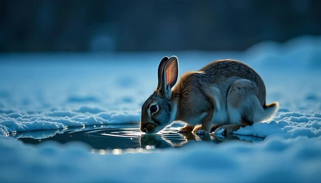 Arctic hare drinking from a melted ice patch
