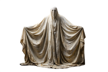 A terrifying ghost draped in a flowing white sheet stands with its arms outstretched creating a chilling and eerie atmosphere isolated on transparent background