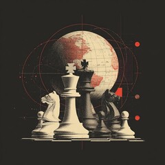 Infographic-style backdrop with globe, chess pieces for strategy, and dotted lines for global relations, with open space for custom text.