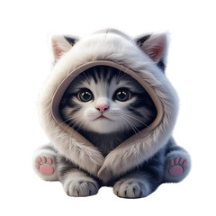 3D illustration of a adorable kitten wearing fluffy panda hood on a transparent background. Generative AI