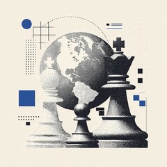 Infographic-style backdrop with globe, chess pieces for strategy, and dotted lines for global relations, with open space for custom text.
