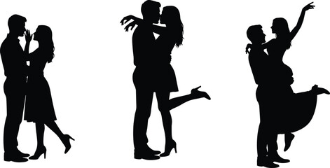 Romantic couple silhouette kissing, hugging, lifting in love, perfect for Valentine's Day, wedding design, relationship, emotional connection, vector art