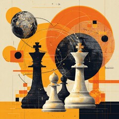 Infographic-style backdrop with globe, chess pieces for strategy, and dotted lines for global relations, with open space for custom text.
