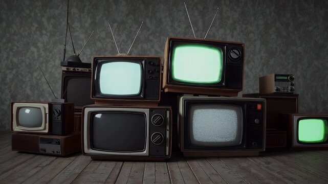 towering stack retro televisions from 1980s two glowing screens turning to reveal replaceable green screens ideal chroma keying nostalgia content visual effects ultra HD 4K