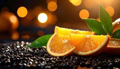 Orange slices on coffee beans