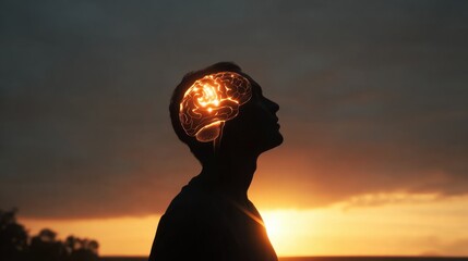 Silhouette of a man with a glowing brain under sunset sky, showing mental power and tech mind, digital silhouette, cyber human concept