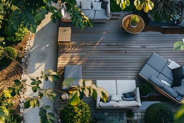 Aerial view of modern patio deck with outdoor furniture and lush garden landscaping