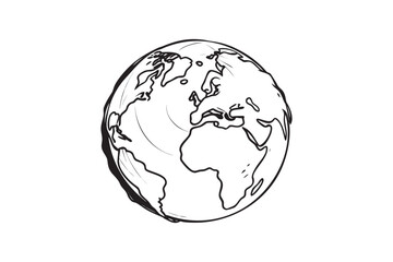 Hand drawn illustration of the earth globe showing continents like Africa Europe and North America in black and white background