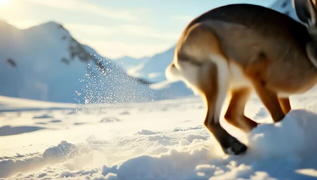Arctic hare jumping over snow drifts