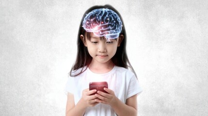 Girl holding phone with glowing digital brain inside head, concept of smart tech and thinking, digital silhouette, cyber human inspiration